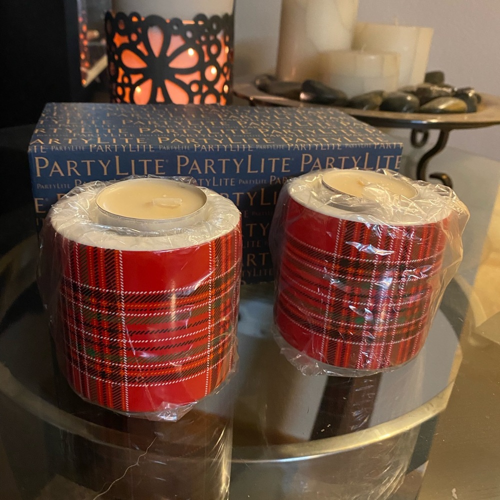 NEW Partylite Holiday Tartan Candle Holder Set